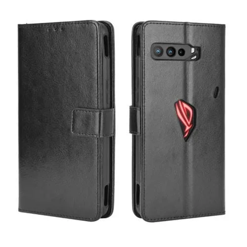 Funda de Cuero para Asus Rog Phone 3 Zs661Ks con Tapa Horizontal, Soporte, Ranuras y Marco (Negro)