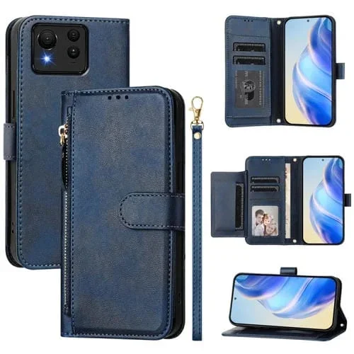 Funda de Cuero para Asus Zenfone 11 Ultra con Cremallera y Ranuras para Tarjetas (Azul)