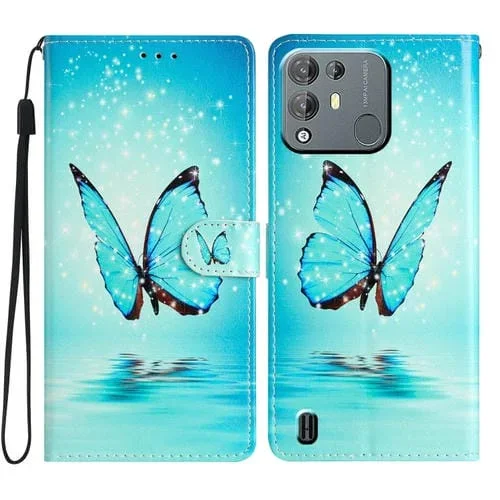 Funda de Cuero para BlackView A55 Pro con Dibujo Coloreado Mariposa Azul