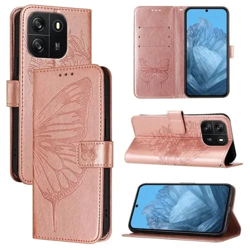 Funda de Cuero para BlackView Wave 6C con Mariposa en Relieve (Oro Rosa)
