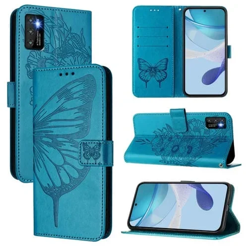 Funda de Cuero para Cubot P50 con Diseño de Mariposa en Relieve (Azul)