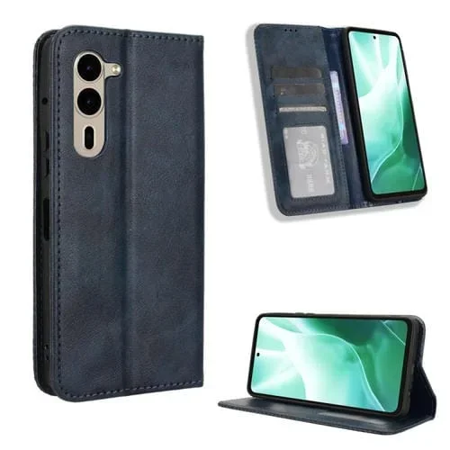 Funda de Cuero para Fujitsu Arrows We2 Plus con Textura Retro y Hebilla Magnética (Azul)