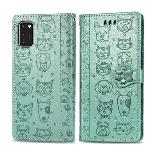 Funda de Cuero para Galaxy A41 Cute Cat and Dog con Tapa Horizontal En Relieve Soporte Ranura para Tarjeta Billetera Cordón (Verde)