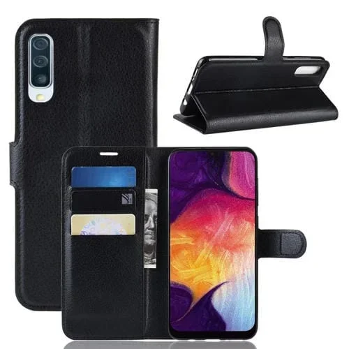 Funda de Cuero para Galaxy A50 con Tapa Horizontal, Textura Litchi, Billetera, Soporte y Ranuras para Tarjetas (Negro)