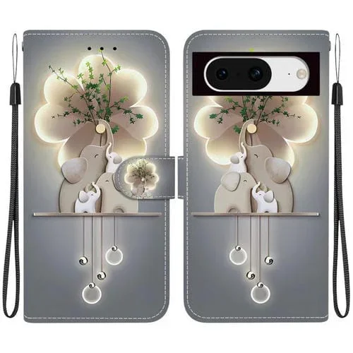 Funda de Cuero para Google Pixel 8 con Dibujo de Colores y Textura de Cristal (Elefantes)