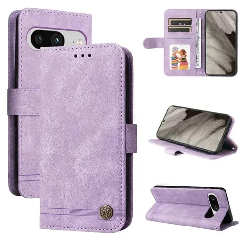 Funda de Cuero para Google Pixel 8 con Skin Feel Life Tree y Botón de Metal (Púrpura)