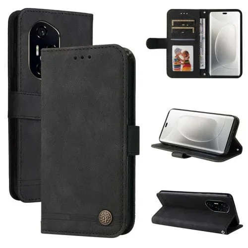 Funda de Cuero para Honor 300 Pro con Botones de Metal y Diseño Árbol de la Vida (Negro)