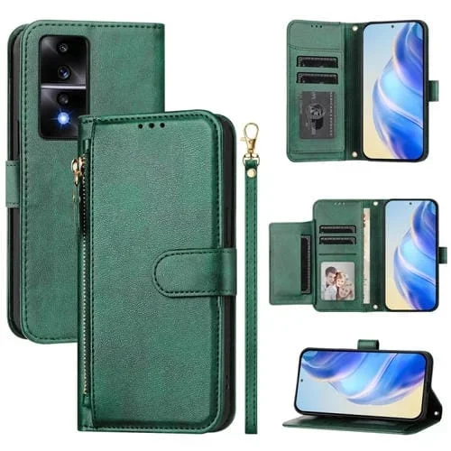 Funda de Cuero para Honor 80 Gt con Cremallera y Ranuras para Tarjetas (Verde)