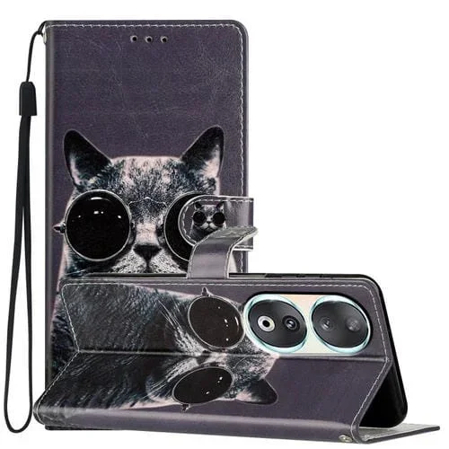 Funda de Cuero para Honor 90 con Dibujo de Gato con Gafas de Sol (Colores)