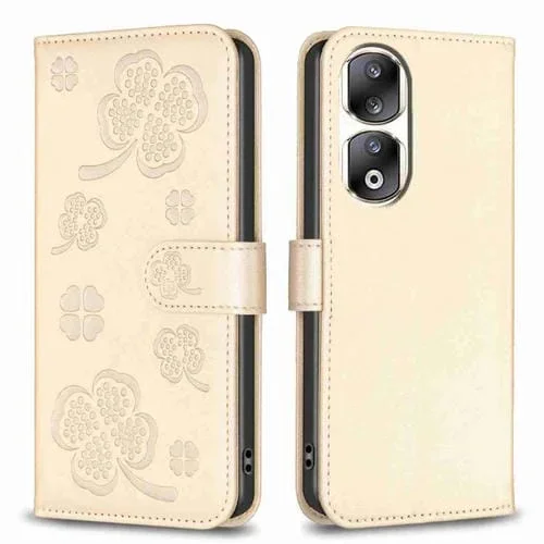 Funda de Cuero para Honor 90 Pro con Relieve de Cuatro Hojas (Dorado)