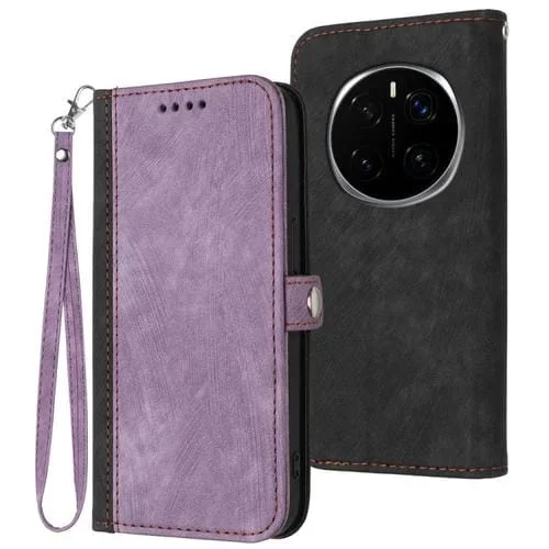 Funda de Cuero para Honor Magic7 con Correa de Mano y Hebilla Lateral Doble Plegable (Morado)