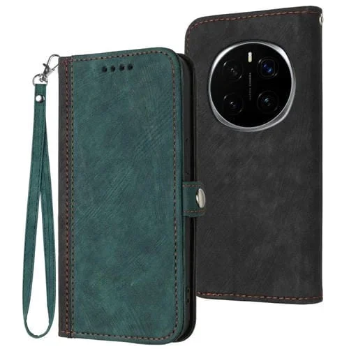 Funda de Cuero para Honor Magic7 Pro con Correa de Mano y Hebilla Lateral Doble Plegable (Verde Oscuro)
