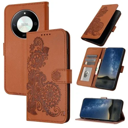 Funda de Cuero para Honor X50 / X9B Datura Flower con Tapa en Relieve (Marrón)