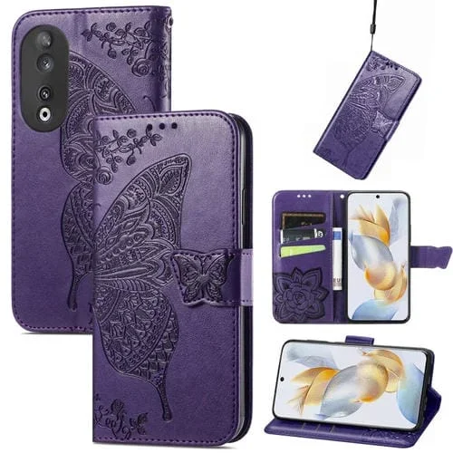 Funda de Cuero para Honor X50I con Relieve Flor y Mariposa (Púrpura)