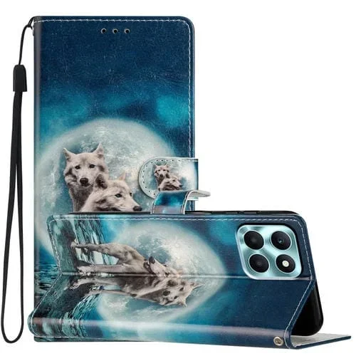 Funda de Cuero para Honor X6A con Dibujo Coloreado Lobos Gemelos