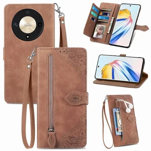 Funda de Cuero para Honor X9B con Cremallera y Flores en Relieve (Marrón)