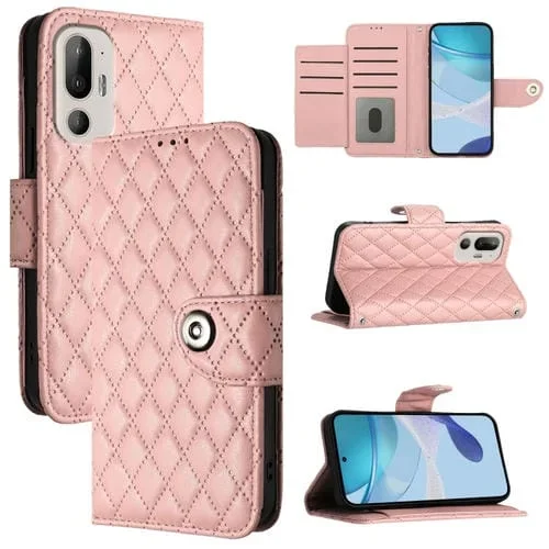 Funda de Cuero para HTC U24 Pro con Tapa Textura Rombal y Cordón (Rosa Coral)
