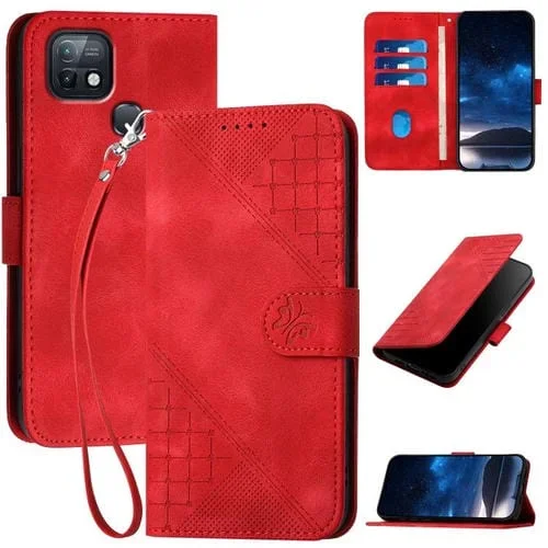 Funda de Cuero para Infinix Hot 10I con Diseño de Mariposas en Relieve y Cuadrícula con Cordón (Rojo)