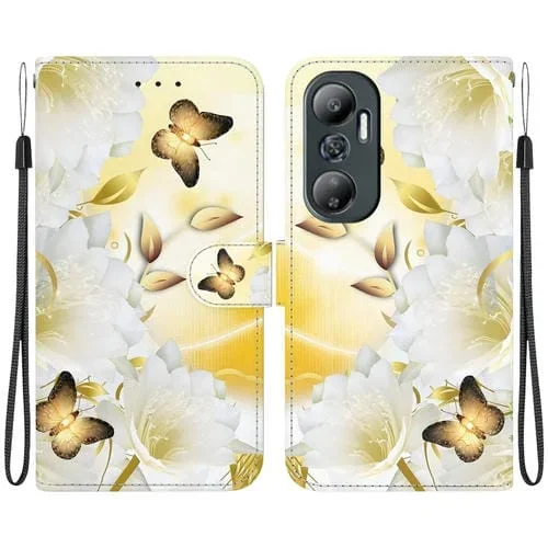 Funda de Cuero para Infinix Hot 20 con Dibujo Coloreado y Textura de Cristal (Epiphyllum de Mariposa Dorada)