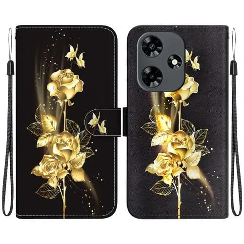 Funda de Cuero para Infinix Hot 30 con Dibujo Coloreado y Textura de Cristal (Mariposa Dorada Rosa)
