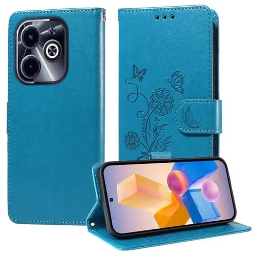 Funda de Cuero para Infinix Hot 40I con Diseño de Mariposas y Flores en Relieve (Azul)