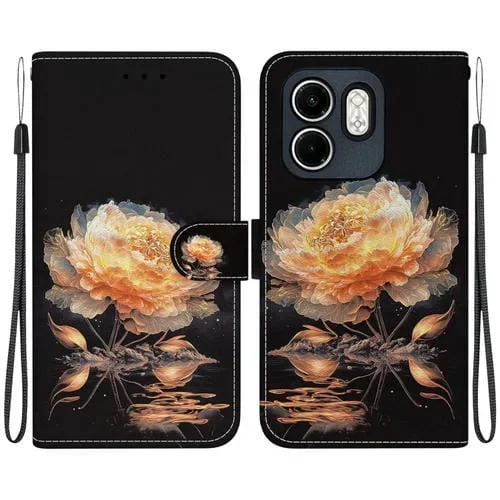 Funda de Cuero para Infinix Hot 50I y Smart 9 con Dibujo de Colores y Textura de Cristal (Peonía Dorada)