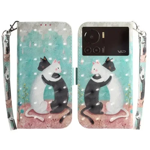 Funda de Cuero para Infinix Note 12 Vip con Tapa Horizontal y Diseño 3D (Gato Blanco y Negro)