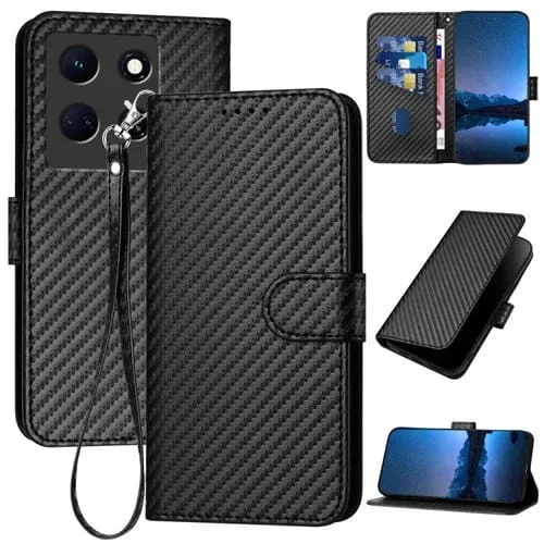 Funda de Cuero para Infinix Note 30 5G Yx0070 con Hebilla de Fibra de Carbono y Cordón (Negro)