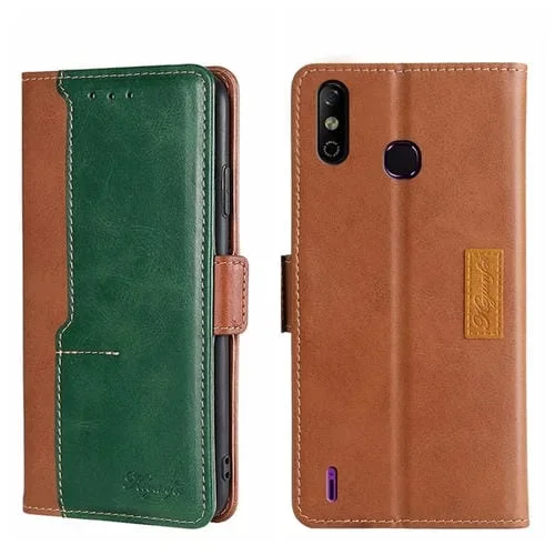 Funda de Cuero para Infinix Smart 4 X653 con Hebilla Lateral y Color de Contraste (Marrón Claro + Verde)