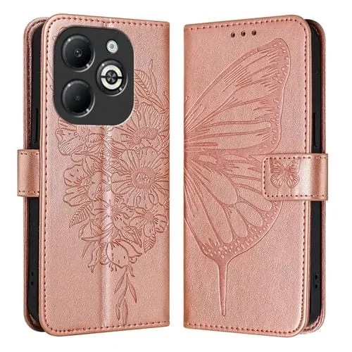 Funda de Cuero para Infinix Smart 8 Plus y Smart 8 Pro con Mariposa en Relieve (Oro Rosa)
