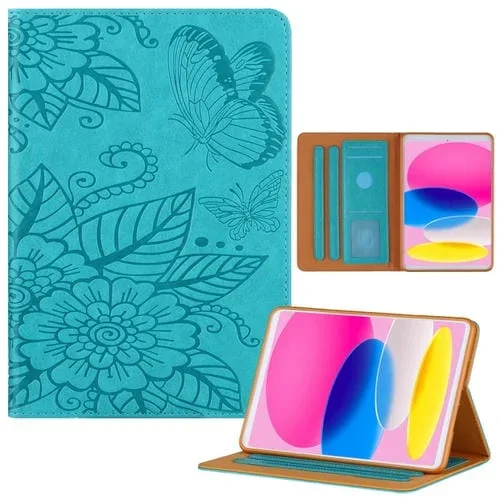 Funda de Cuero para iPad 2025/2022 con Relieve de Mariposa y Flor (Azul)