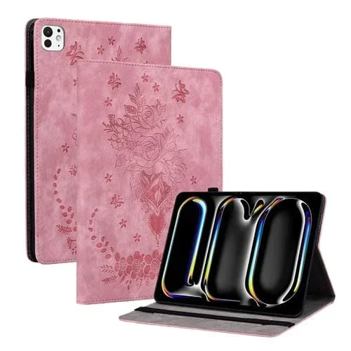 Funda de Cuero para iPad Pro 11 (2024) con Relieve de Mariposa y Rosa (Rosa)