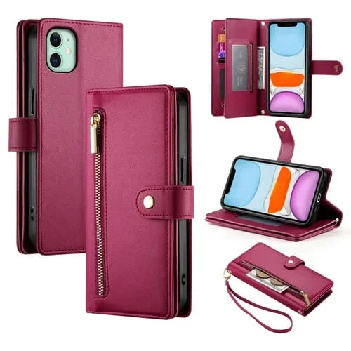 Funda de Cuero para iPhone 11 con Nueve Ranuras para Tarjetas y Cremallera (Rojo)