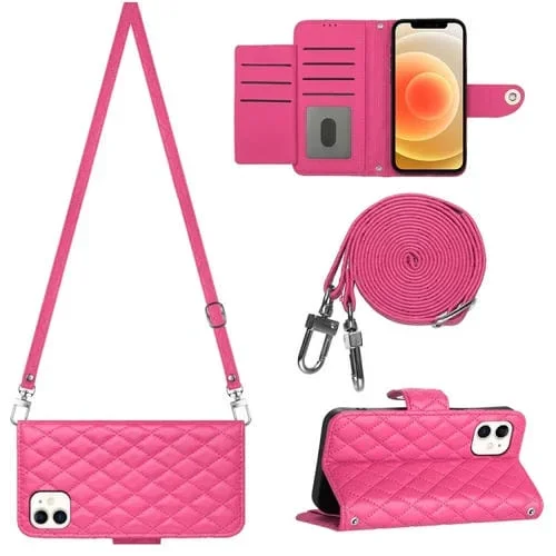 Funda de Cuero para iPhone 11 con Tapa Textura Rómbica y Cordón Largo (Rojo Rosa)