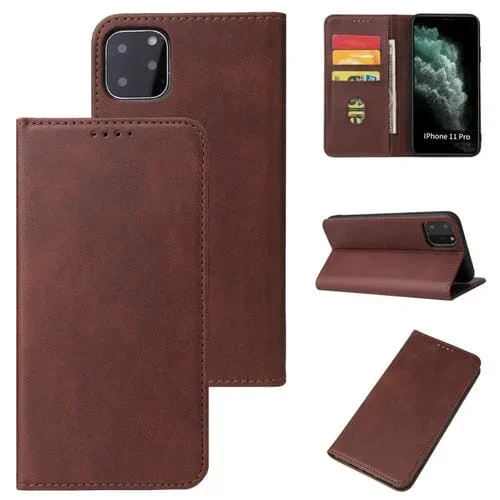 Funda de Cuero para iPhone 11 Pro Calf Texture con Tapa Horizontal Magnética Soporte y Ranuras para Tarjetas y Billetera (Marrón)