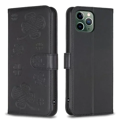 Funda de Cuero para iPhone 11 Pro Max con Relieve de Cuatro Hojas (Negro)