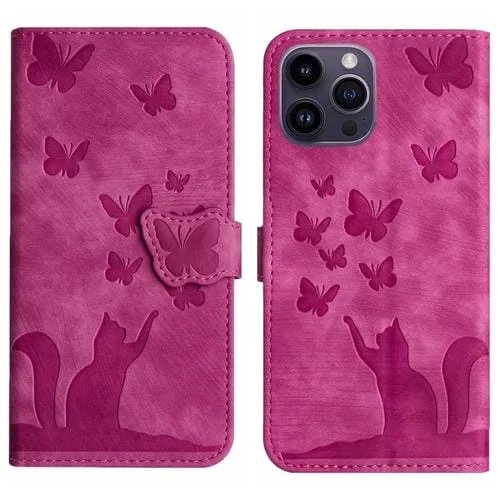Funda de Cuero para iPhone 12 Pro Max Butterfly Cat con Tapa En Relieve (Rosa)