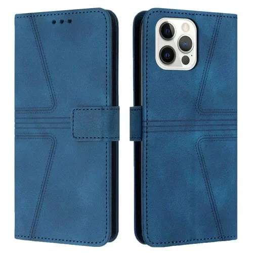 Funda de Cuero para iPhone 12 Pro Max Triangle Color Sólido (Azul)