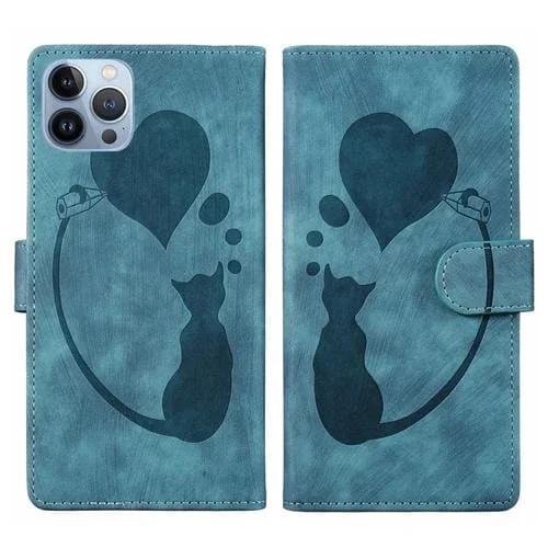 Funda de Cuero para iPhone 12 Pro Pen Heart Cat en Relieve (Azul)