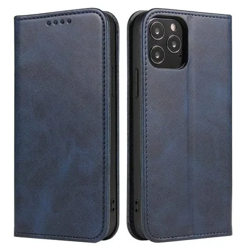 Funda de cuero para iPhone 13 Mini Calf Texture con tapa magnética, soporte, ranuras para tarjetas y billetera (Azul)