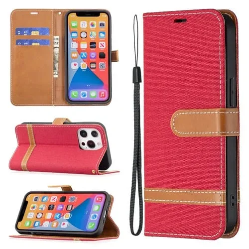 Funda de Cuero para iPhone 13 Mini Color Matching Denim Texture con Tapa Horizontal Soporte Ranuras Tarjetas Billetera y Cordón (Rojo)
