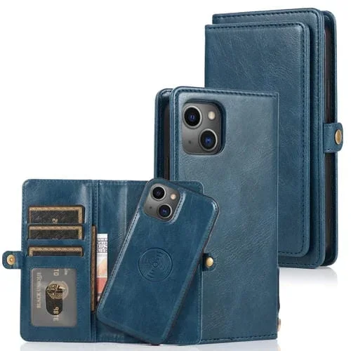 Funda de Cuero para iPhone 13 Mini con Tapa Horizontal Desmontable Magnética y Ranuras para Tarjetas (Azul)