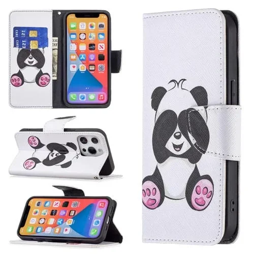 Funda de Cuero para iPhone 13 Mini con Tapa Horizontal, Soporte, Ranuras para Tarjetas y Billetera (Panda)