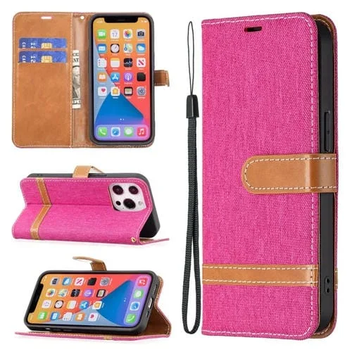 Funda de Cuero para iPhone 13 Mini con Tapa Horizontal Textura de Mezclilla Soporte Ranuras para Tarjetas Billetera y Cordón (Rojo Rosa)
