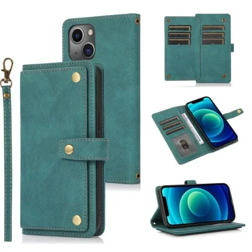 Funda de Cuero para iPhone 13 Mini PU + TPU con Tapa Horizontal, Soporte, Ranura para Tarjeta y Billetera, Cordón (Azul Lago)