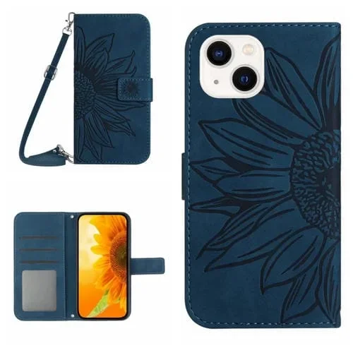 Funda de Cuero para iPhone 13 Mini Skin Feel Sun Flower Pattern Flip con Cordón (Azul Tinta)