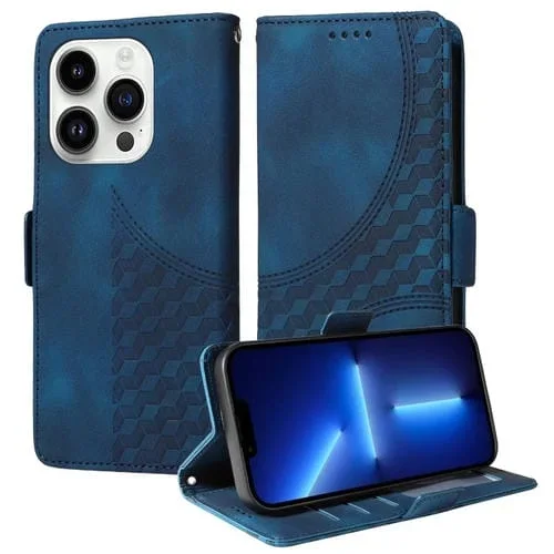 Funda de Cuero para iPhone 13 Pro Diseño de Rombos y Estrellas En Relieve (Azul)