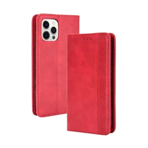 Funda de Cuero para iPhone 13 Pro Hebilla Magnética Patrón Retro con Tapa Horizontal Soporte Ranura para Tarjeta y Billetera (Rojo)