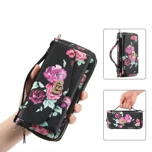 Funda de Cuero para iPhone 13 Pro Magsafe con Billetera Cruzada Multifuncional con Cremallera (Negro)