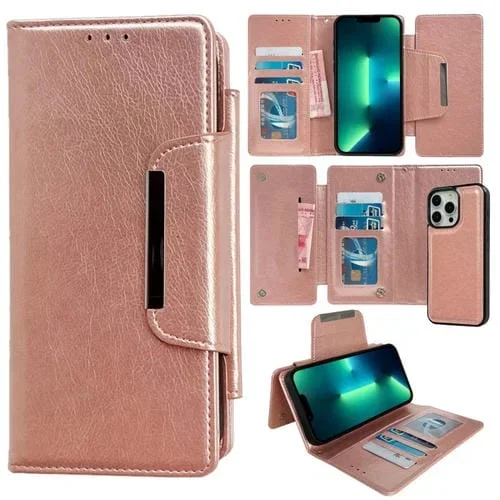 Funda de Cuero para iPhone 13 Pro Max con Billetera Multifuncional para 7 Tarjetas (Oro Rosa)